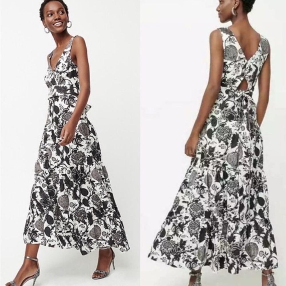 NWT J. Crew “Ratti Scarf Print” Black & White Floral
Tiered Maxi Dress